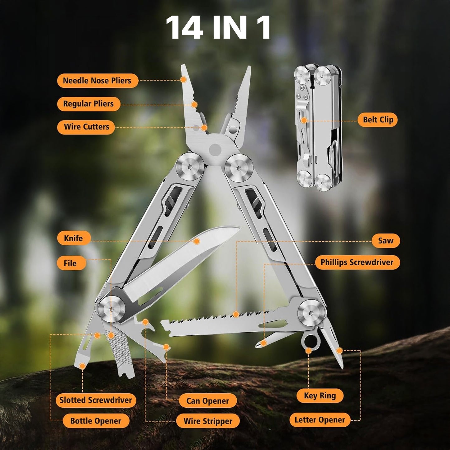 UNIROX 14-in-1 Multitool Zange – Faltbares Taschenwerkzeug für EDC, Outdoor & Notfälle